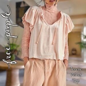 FREE PEOPLE Terese Short-Puff-Sleeve V-Neck w/Tie VELVETY Top NWT/LG